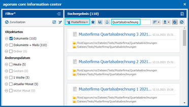Das agorum core information center zeigt Suchergebnisse für Dokumente der Musterfirma mit dem Suchbegriff Quartalsabrechnung.