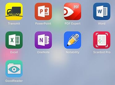 Übersicht von iOS-Apps wie Transmit, PowerPoint, PDF Expert, Word, Excel, OneNote, Notability, Scanbot Pro und GoodReader, die mit einem Dokumentenmanagement-System synchronisiert werden können.