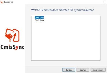 CmisSync Konfigurationsfenster zeigt die Auswahl des Remoteordners 'DMS Area' für die Synchronisation mit dem Dokumentenmanagement-System.