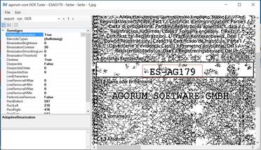 Bildschirmfoto des OCR-Tuners zeigt die Einstellungen für die Texterkennung eines Fahrzeugscheins, inklusive AdaptiveBinarization und Despeckle-Funktion.
