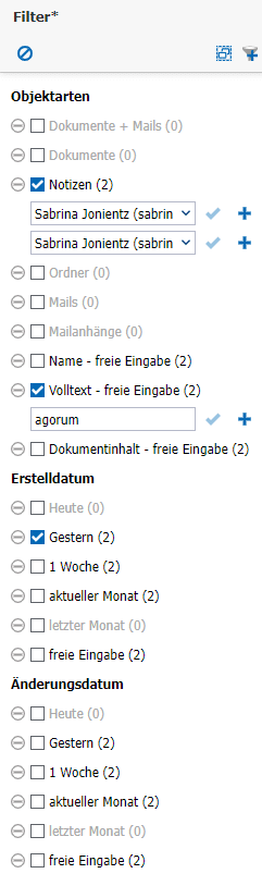 Filteroptionen in agorum core zur Volltextsuche, mit Auswahlmöglichkeiten wie Notizen, Name, Volltext und Erstellungsdatum.