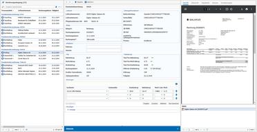 Screenshot des Rechnungsprozesses im Dokumentenmanagement-System zeigt die Bearbeitung einer Rechnung von Digitec Galaxus AG für die Swiss Helicopter Group.