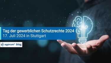 Eine Hand hält eine leuchtende Glühbirne, die ein Gehirn symbolisiert, auf dem Hintergrund steht Tag der gewerblichen Schutzrechte 2024