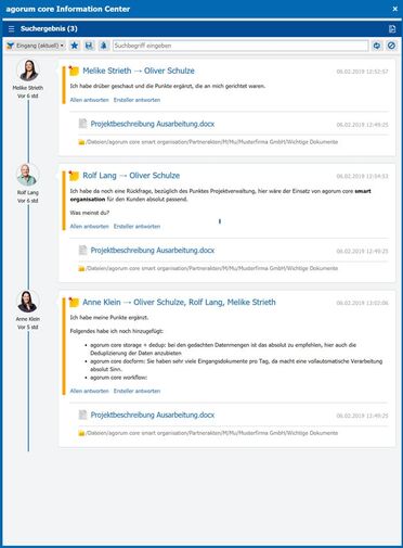 Notizen im agorum core Information Center zeigen interne Kommunikation und Dokumentenverweise für Mitarbeiter.