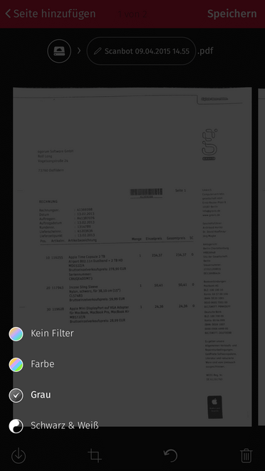 Scanbot App zeigt die Scan-Einstellungen für eine Rechnung von Gravis, mit Optionen für Farbe, Grau und Schwarz & Weiß.