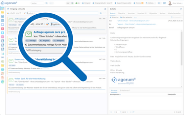 Das Bild zeigt die Benutzeroberfläche des Dokumentenmanagement-Systems agorum core mit KI-Tagging für E-Mails. Eine E-Mail von Oliver Schulze wird mit den Tags 'Anfrage', 'Angebot' und 'dringend' versehen.