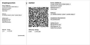 Beispiel einer QR-Rechnung zeigt den Empfangsschein und Zahltteil für NOVISTA GmbH mit Betrag von CHF 2'475.80