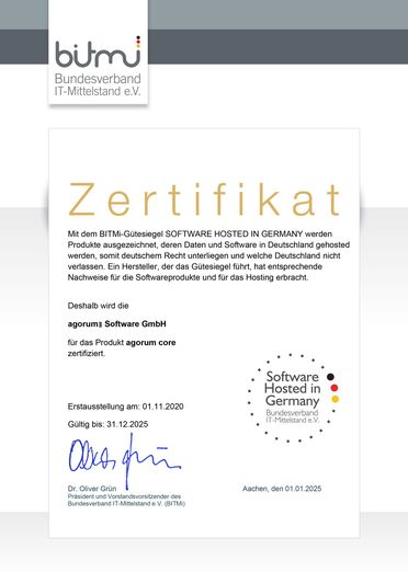 Zertifikat von BITMi für agorum core Made in Germany