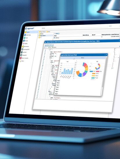 Ein Laptop zeigt das Dashboard eines Open Source Dokumentenmanagement-Systems mit Diagrammen und Projektdaten.