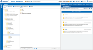 Das eingescannte Dokument wird in einem Open Source Dokumentenmanagement-System (DMS) von agorum core angezeigt, mit Ordnern wie queue, train und audit.
