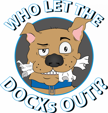 Illustration zeigt einen Hund mit Dokumenten im Maul und dem Spruch 'Who let the DOCXs out? Bei uns NIEMAND! Wir sorgen für Ihre DATENSICHERHEIT!'