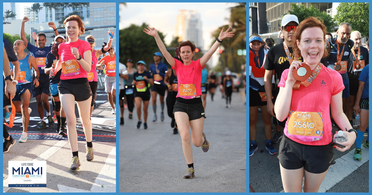 Indra Cloet läuft den Life Time Miami Marathon and Half Marathon, zeigt ihre Medaille und läuft mit anderen Athleten.