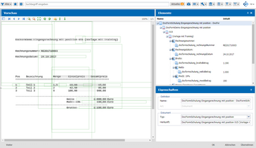Die OCR-Engine im Dokumentenmanagement-System verarbeitet eine Eingangsrechnung und zeigt die erkannten Daten wie Rechnungsnummer, Rechnungsdatum, Netto- und Bruttobetrag.