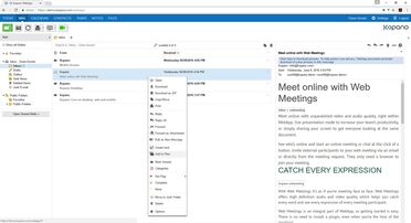 Kopano WebApp zeigt E-Mail-Interface mit WebDAV-Integration des Dokumentenmanagement-Systems.