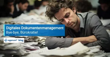 Müder Mann schläft auf einem Stapel Papier, der die Ineffizienz von manuellen Prozessen vor der Digitalisierung symbolisiert. DIGITAL TOOLKIT